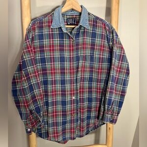 VTG Quizz Men's 90's Grunge plaid flannel denim collar Button Down long sleeve
